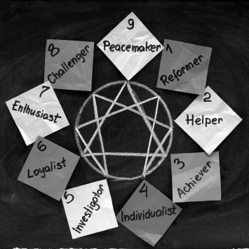 enneagram of personality - nine distinct types and their interrelationships (reformer, helper, acheiver, individualist, investigator, loyalist, enthusiast, challenger, peacemaker) presented with colorful crumpled sticky notes,  white chalk on blackboard